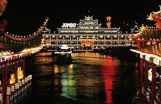 香港,阿伯丁,漂浮,餐馆,鲜艳,亮灯,建筑