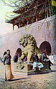青铜,狮子,入口,皇宫,北京,中国