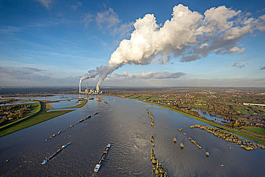 风景,上方,莱茵河,靠近,秋天,洪水,运输,电厂,烟囱,烟,柱子,鲁尔区