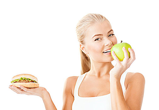 健康,美,节食,概念,运动,女人,苹果,汉堡包