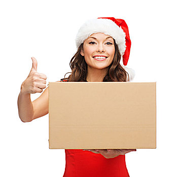 圣诞节,圣诞,冬天,高兴,概念,微笑,女人,圣诞老人,帽子,包裹,盒子,展示,竖大拇指