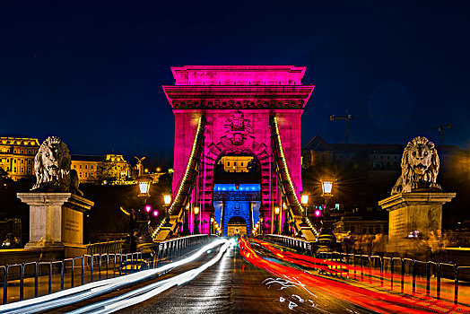 光亮,链索桥,痕迹,灯,夜晚,布达佩斯,匈牙利,欧洲