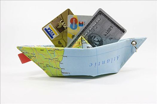 信用卡,纸,船,地图,象征,支付,旅行