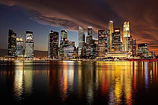 码头,湾,城市天际线,反射,水,夜晚,新加坡