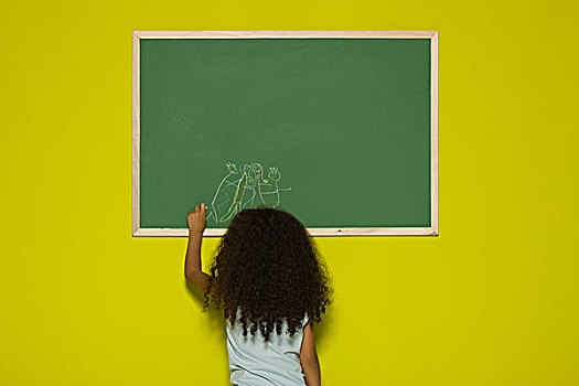 小女孩,绘画,黑板,后视图