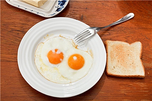 早餐,两个,煎鸡蛋,白色,盘子