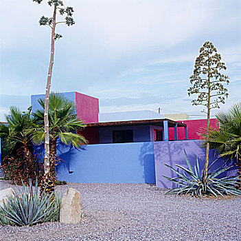 蓝色,粉色,简单,建筑,线条,现代,房子,墨西哥