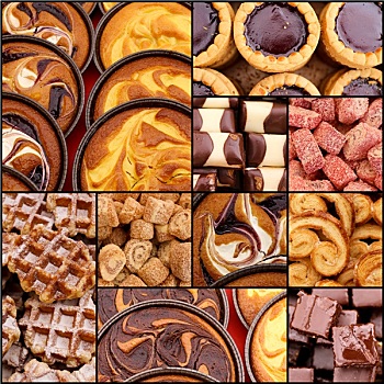 土耳其快乐糖,巧克力,开心果,华夫饼,奶油冻,奶油,点心,抽象拼贴画