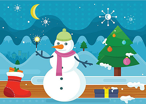 雪人,绿色,帽子,粉色,围巾,奇景,隔绝,圣诞节,风景,背景,寒假,概念,设计,卡通,制作,冬景,雪,树,矢量,插画