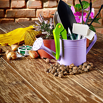 园艺工具,铲,耙子,标签,洒水壶,木桌子