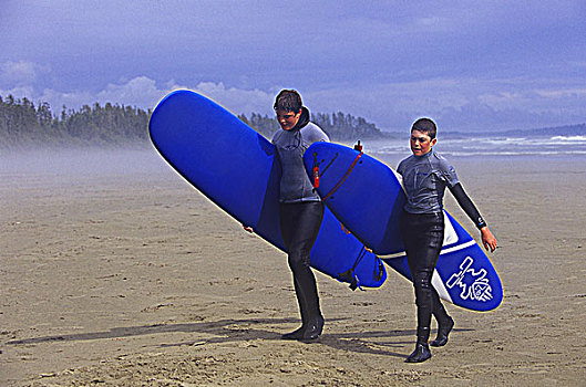 两个,青少年,男孩,冲浪板,长滩,环太平洋国家公园,温哥华岛,不列颠哥伦比亚省,加拿大