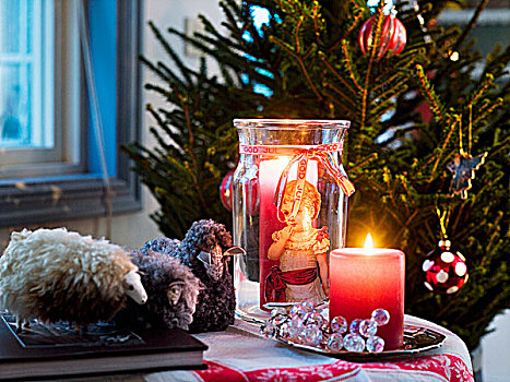 圣诞装饰,蜡烛,布,羊羔