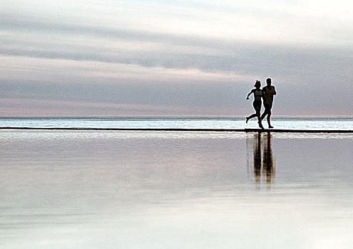 情侣,跑,海滩
