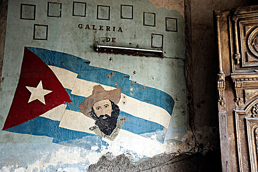 壁画,国家,旗帜,西恩富戈斯,入口,餐馆,市中心,哈瓦那,古巴,大安的列斯群岛,墨西哥湾,加勒比海,中美洲,北美