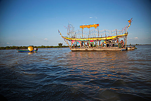 船,漂浮,河,收获,柬埔寨