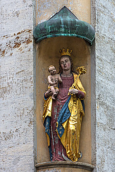 彩色,雕塑,圣母玛利亚,圣婴,篷子,守护神,连栋房屋,班贝格,上弗兰科尼亚,巴伐利亚,德国,欧洲
