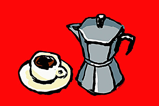 插画,浓缩咖啡机,杯子,红色背景