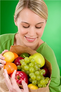健康生活,女人,水果,购物,纸袋
