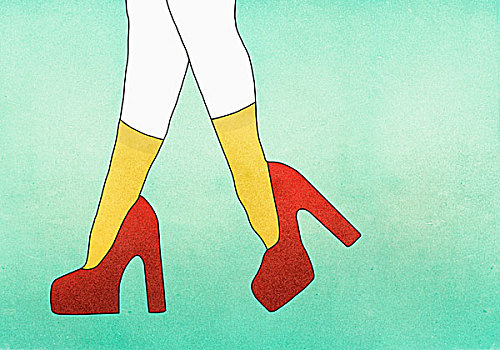 插画,图像,女人,穿,红色,高跟鞋,绿色背景