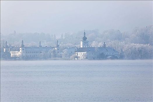 特劳恩湖,城堡,雾状,天气,奥地利