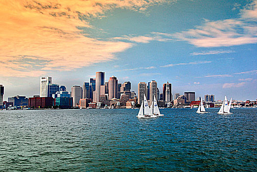 美国,马萨诸塞,波士顿,水岸,天际线,帆船