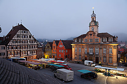 市场,白天,方形,建筑,巴洛克,背影,老城,巴登符腾堡,德国,欧洲