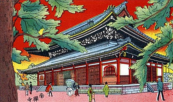 日本,旧式,插画,庙宇,树