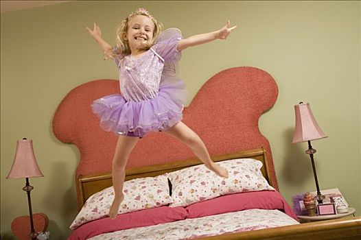 小女孩,衣服,仙女,跳跃,床