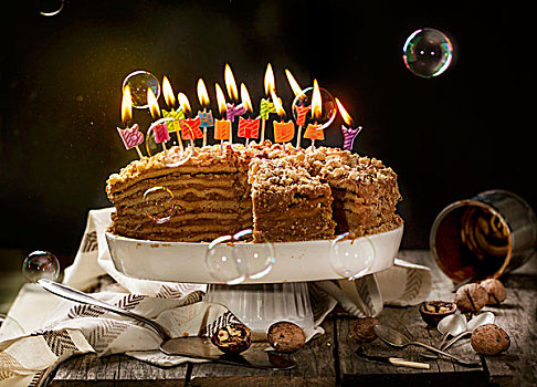 生日,蜂蜜蛋糕,胡桃,肥皂泡