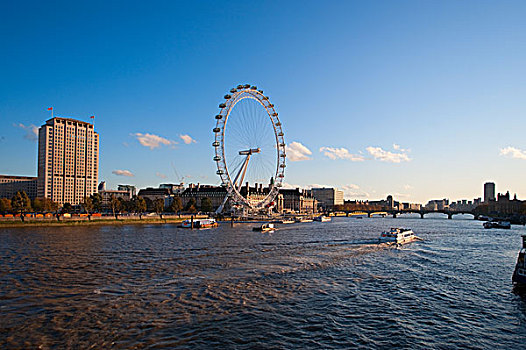 英格兰,伦敦,伦敦南岸,秋天,晚间,阳光,壳,中心,伦敦眼,小船,泰晤士河