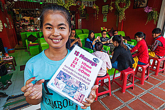 柬埔寨,收获,女孩,拿着,按摩,菜单