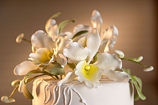 特写,白色,婚礼蛋糕,白花