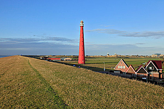 堤岸,上面,灯塔,北海,北荷兰省,荷兰,欧洲