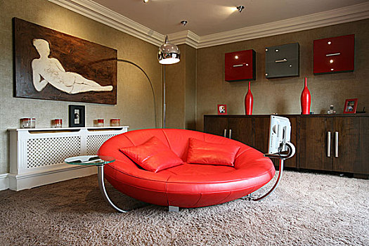 红色,皮沙发,中心,现代,起居室