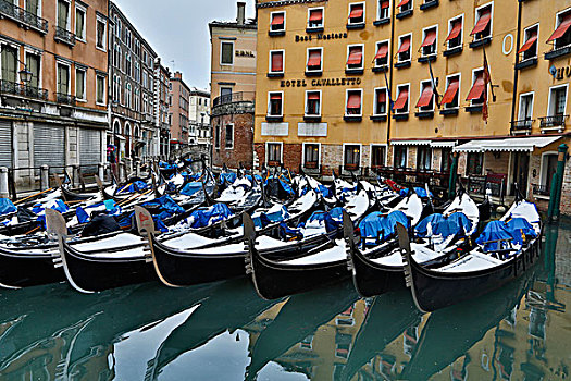 初雪,小船,运河,威尼斯,意大利