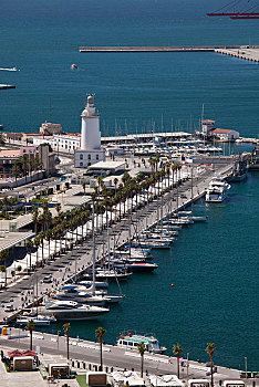 风景,蒙特卡罗,上方,港口,码头,马拉加,安达卢西亚,西班牙,欧洲