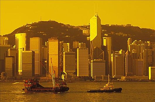 船,海中,正面,摩天大楼,香港