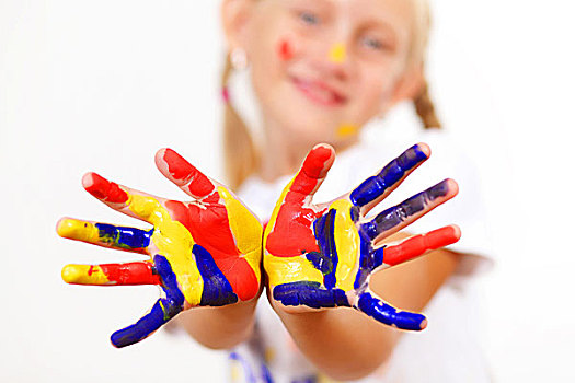 小,孩子,涂绘,彩色,颜料,就绪,手,印记
