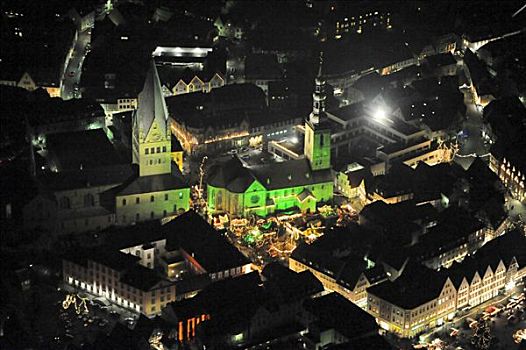 航拍,夜景,圣诞市场,市政厅,建筑,场所,法尔茨,皇宫,教堂,南,北莱茵威斯特伐利亚,德国,欧洲
