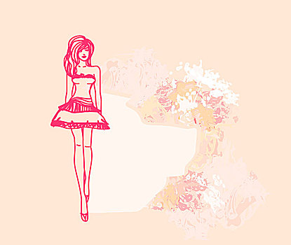 时尚,女孩,短小,连衣裙,花,背景