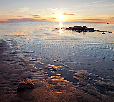 金色,日落,波罗的海,海边风景,夕阳,反射,水,沙子