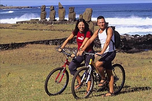 复活节岛,伴侣,自行车,靠近,海滩,复活节岛石像,雕塑,背景