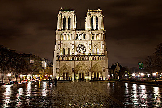 正面,圣母大教堂,夜晚,反射,湿,石头,巴黎,法国,欧洲