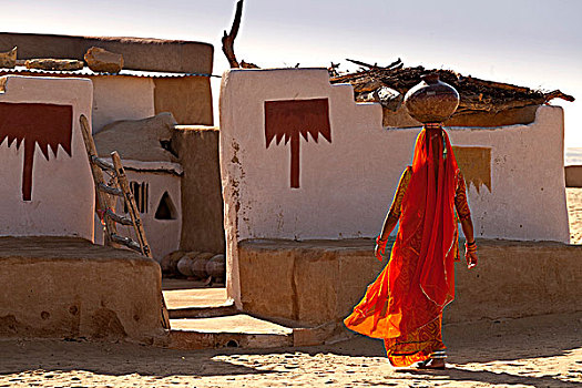 印度,拉贾斯坦邦,塔尔沙漠,印第安女人,传统,背影,乡村,家