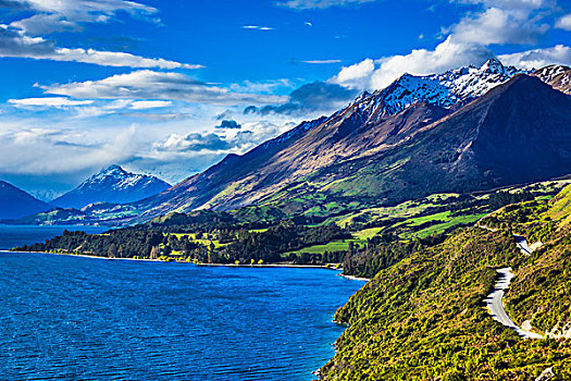 景色,俯视,山,瓦卡蒂普湖,海岸线,道路,奥塔哥地区,新西兰