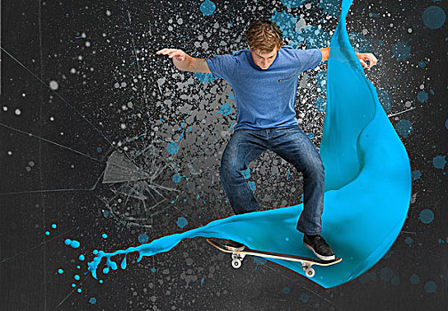 年轻,玩滑板,技巧,蓝色,涂绘,特写