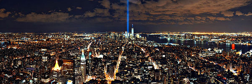 纽约,市区,天际线,全景,夜景,911事件,亮光