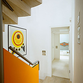 楼梯,栏杆,轨道,橙色,敞门,走廊