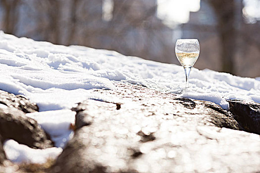 贴地拍摄,风景,玻璃杯,白葡萄酒,雪中