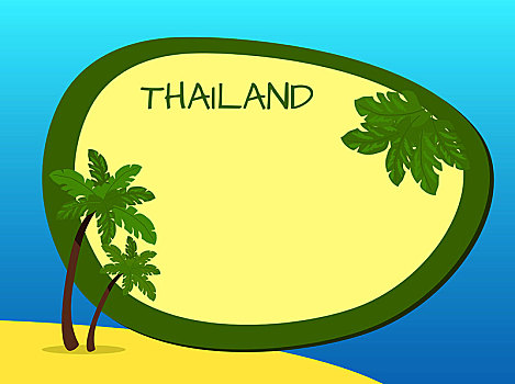 泰国,岛屿,黄色,沙子,绿色,棕榈树,空,标签,淡绿色,叶子,蓝色背景,背景,问候,矢量,彩色,卡,留白,文字,东方,标识,中心